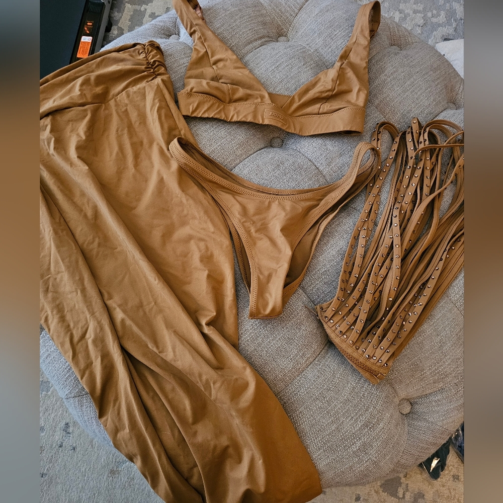 SKIMS Bikini With Strappy Skirt And Midi Sarong Cover-up In Almond